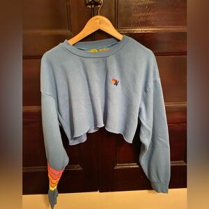 Aviator Nation Blue Cropped Hoodie with Rainbow Sleeve